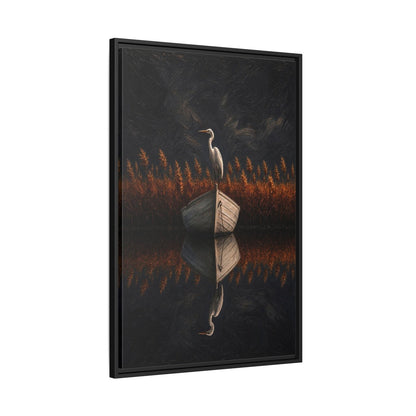 Framed heron wall art with mirrored reflection, orange reeds, and visible black frame edge