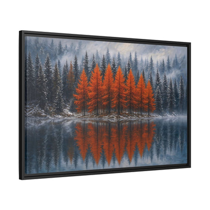Framed landscape canvas wall art featuring orange autumn trees and lake reflection, black frame