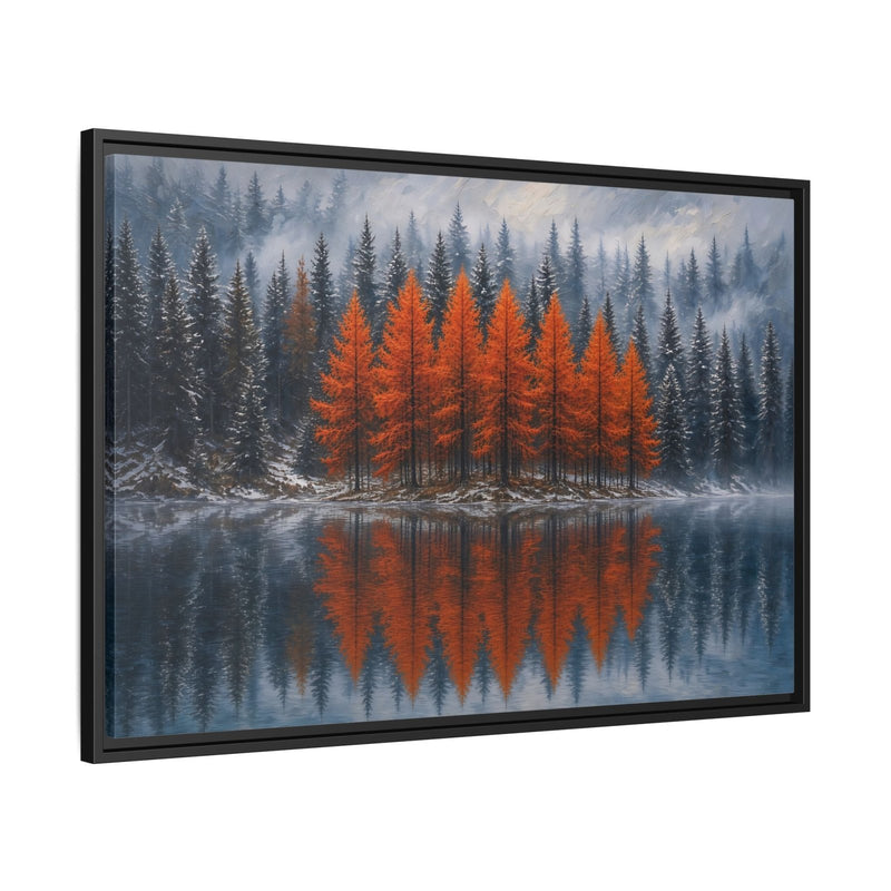 Framed landscape canvas wall art featuring orange autumn trees and lake reflection, black frame