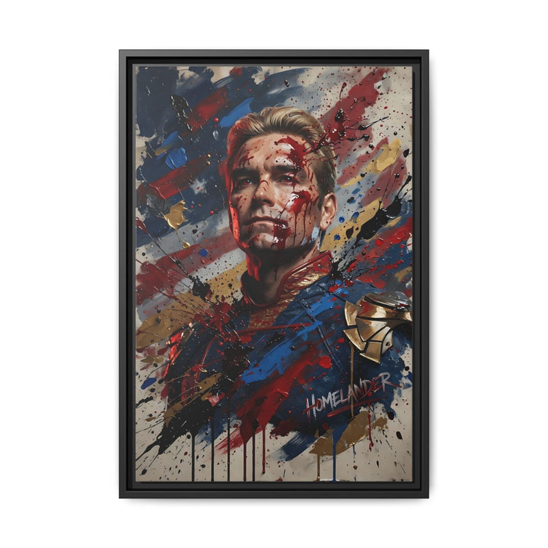 Framed matte canvas portrait print with black frame and paint-splatter hero face