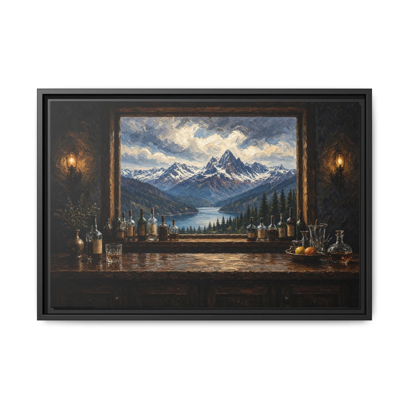 Mountain Lodge Bar – Window View Framed Canvas