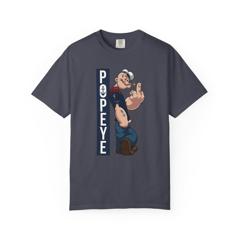 Navy graphic cartoon T-shirt with vertical sailor-themed print at center chest