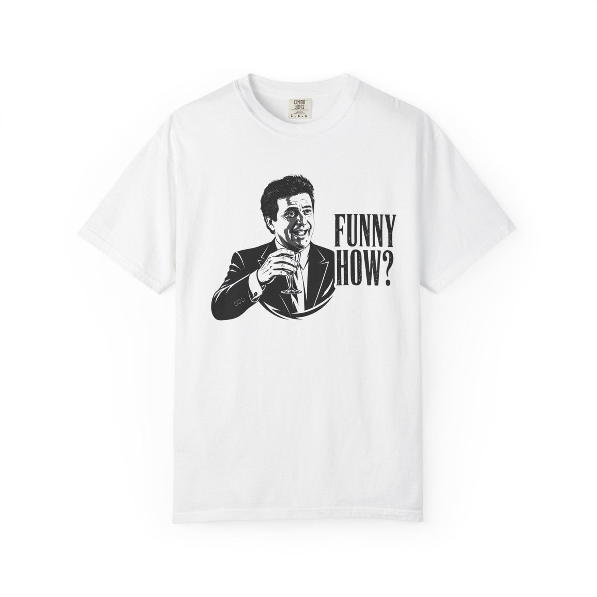 White crewneck graphic tee with illustrated man and “FUNNY HOW?” print