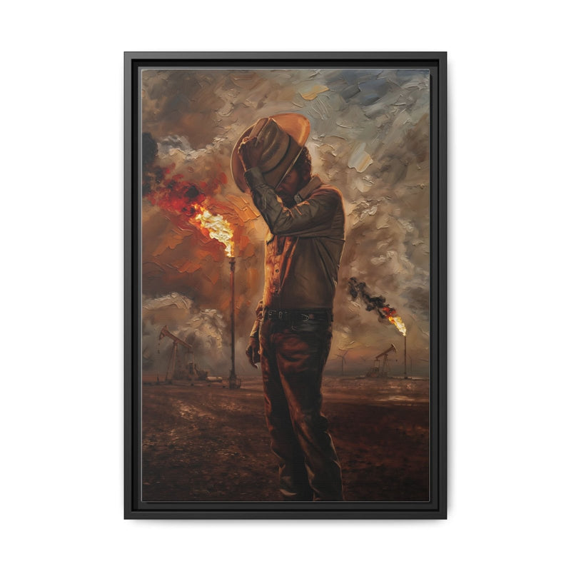 Framed canvas wall art, roughneck figure in orange helmet holding torch near burning posts