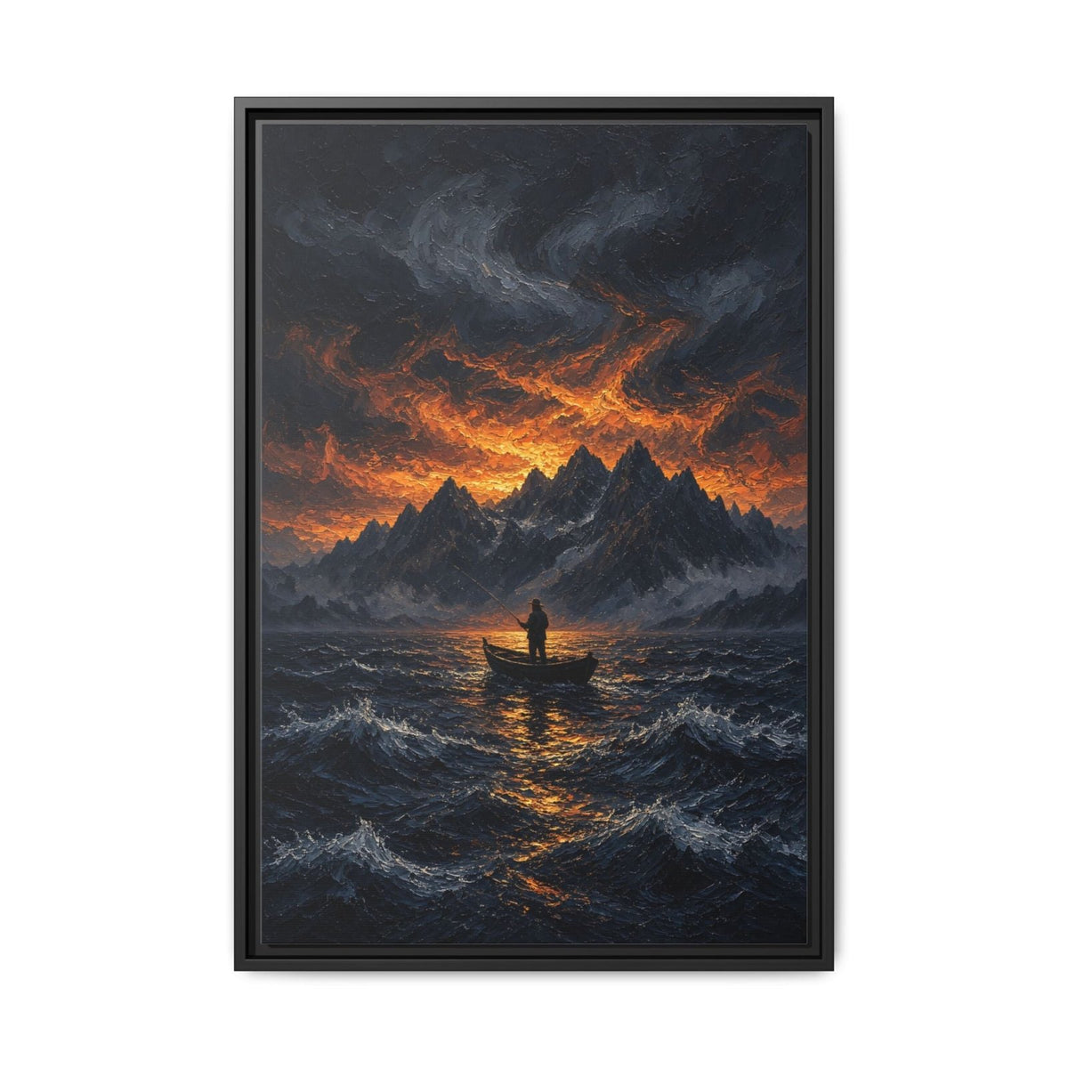 Framed canvas wall art with dark waves, orange glow mountains, lone fisherman