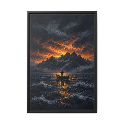 Framed canvas wall art with dark waves, orange glow mountains, lone fisherman