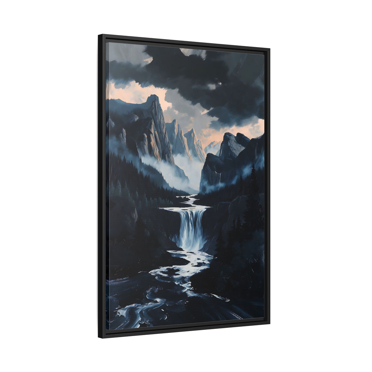 Mountain Waterfall Landscape Matte Canvas Framed | Moody Wall Art