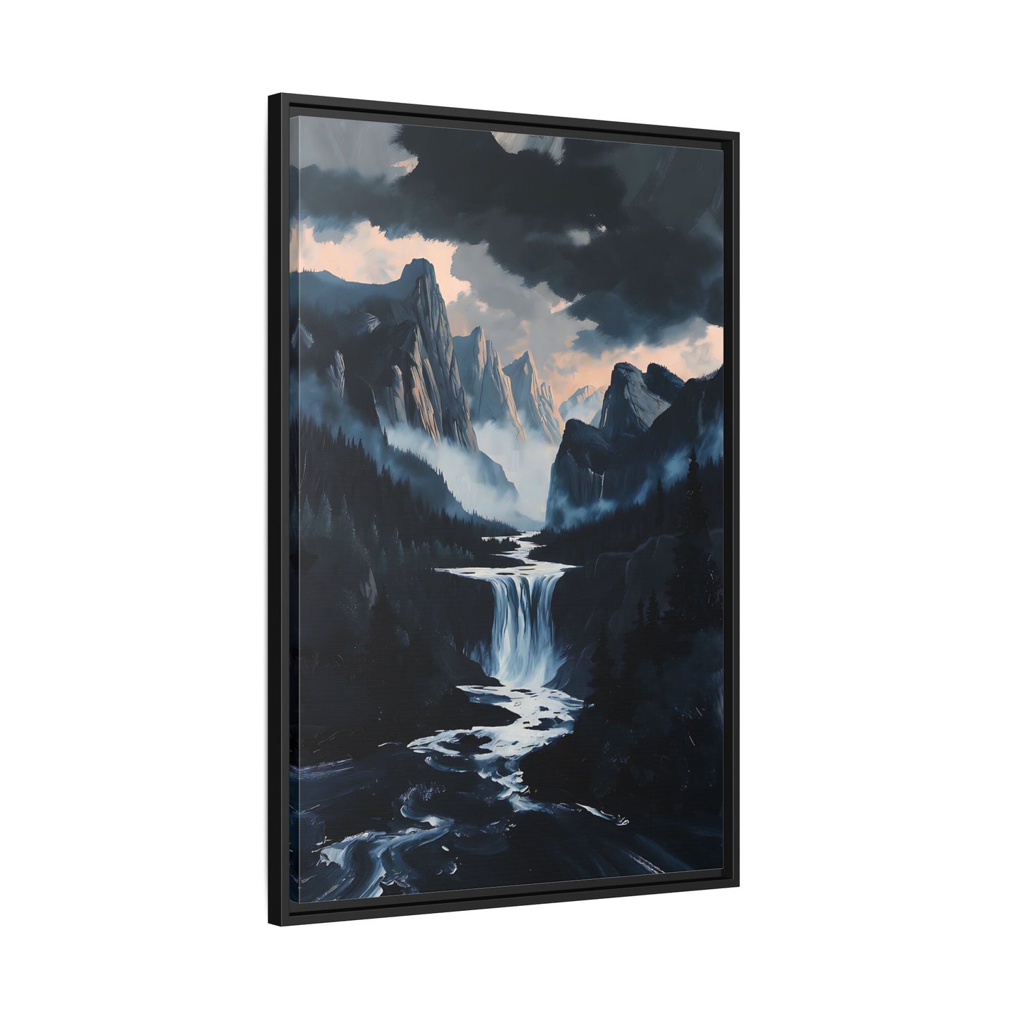 Mountain Waterfall Landscape Matte Canvas Framed | Moody Wall Art