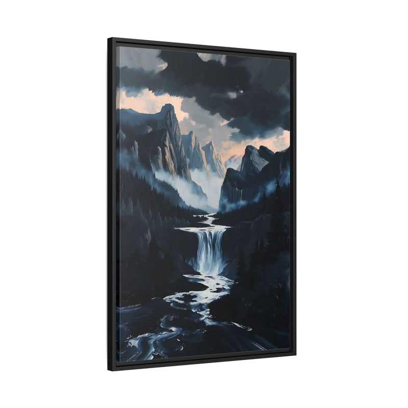 Wall-hanging framed matte canvas landscape with mountain waterfall and mist, black frame