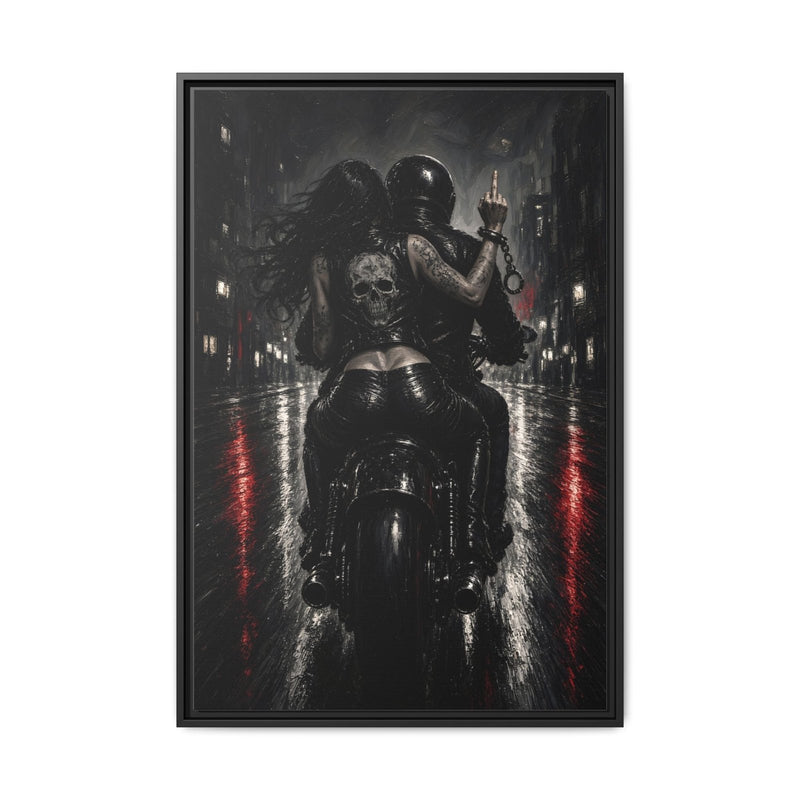 Biker canvas in black frame showing monochrome skull rider on motorcycle with red streaks