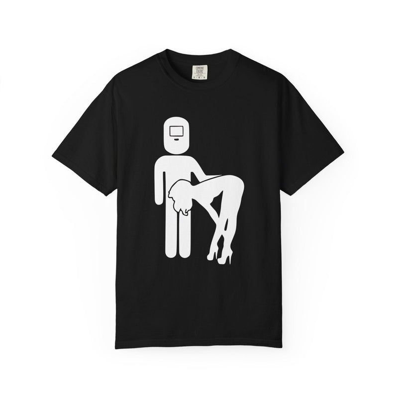 Black crew-neck T-shirt with white welding silhouette graphic on chest