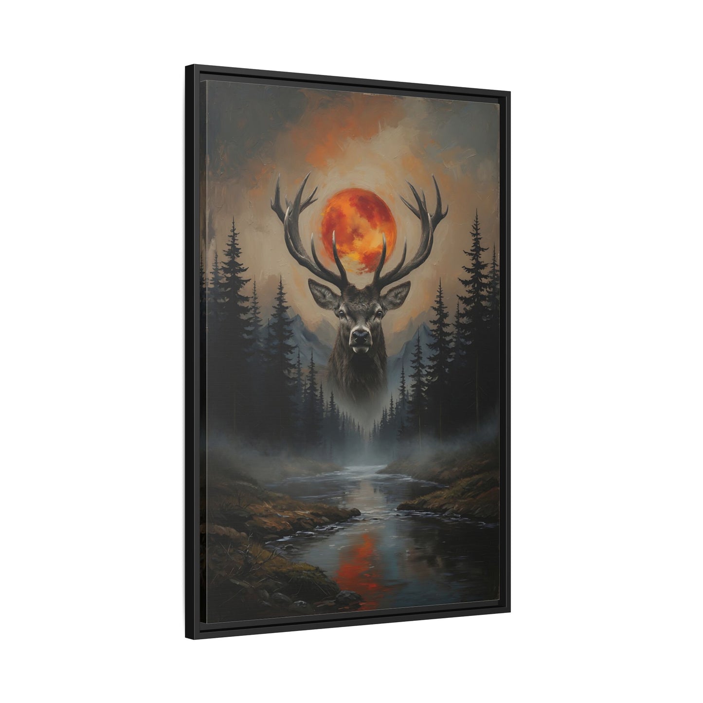 Stag Silhouette with Blood Moon -  Framed Matte Canvas Art