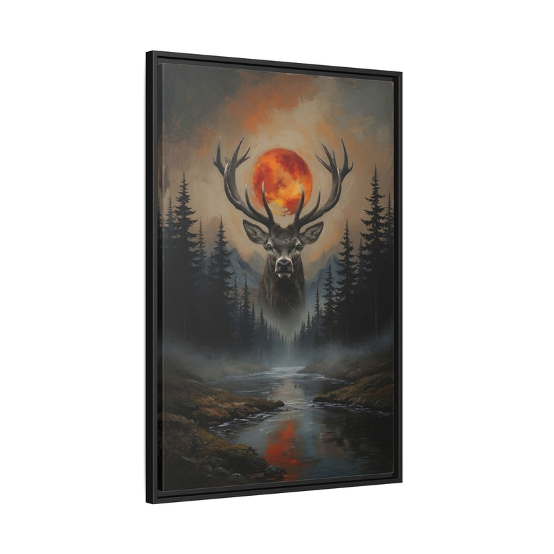 Black-framed matte canvas art with stag silhouette, glowing moon, and forest trees