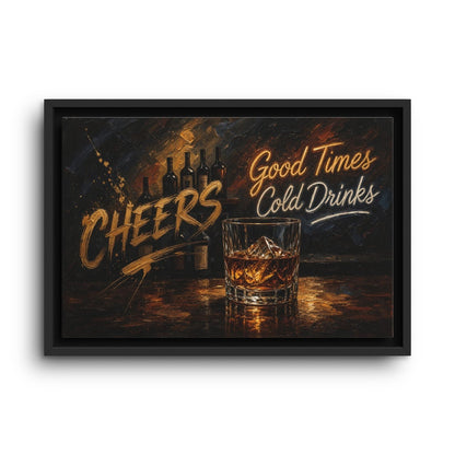 Black-framed whiskey bar canvas with Cheers lettering and a glass of whiskey, shown with deep frame