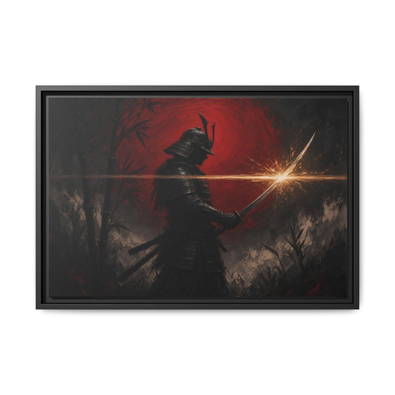 Framed canvas wall art showing a dark samurai silhouette, red center glow, and starburst blade