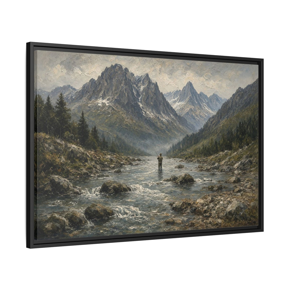 Tilted view of black-framed fly fishing canvas with mountain river scene and standing angler