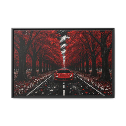 Framed canvas wall art featuring a red sports car centered on an autumn highway