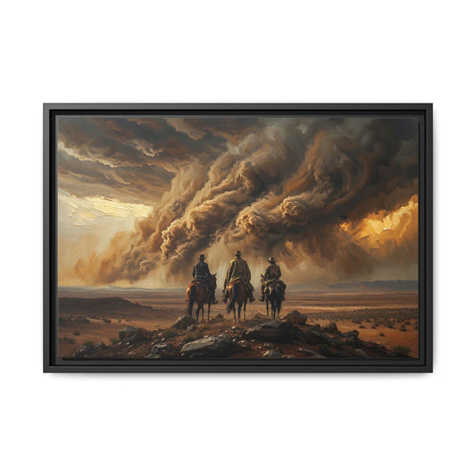 Black framed matte canvas print featuring western riders against dramatic golden storm skies