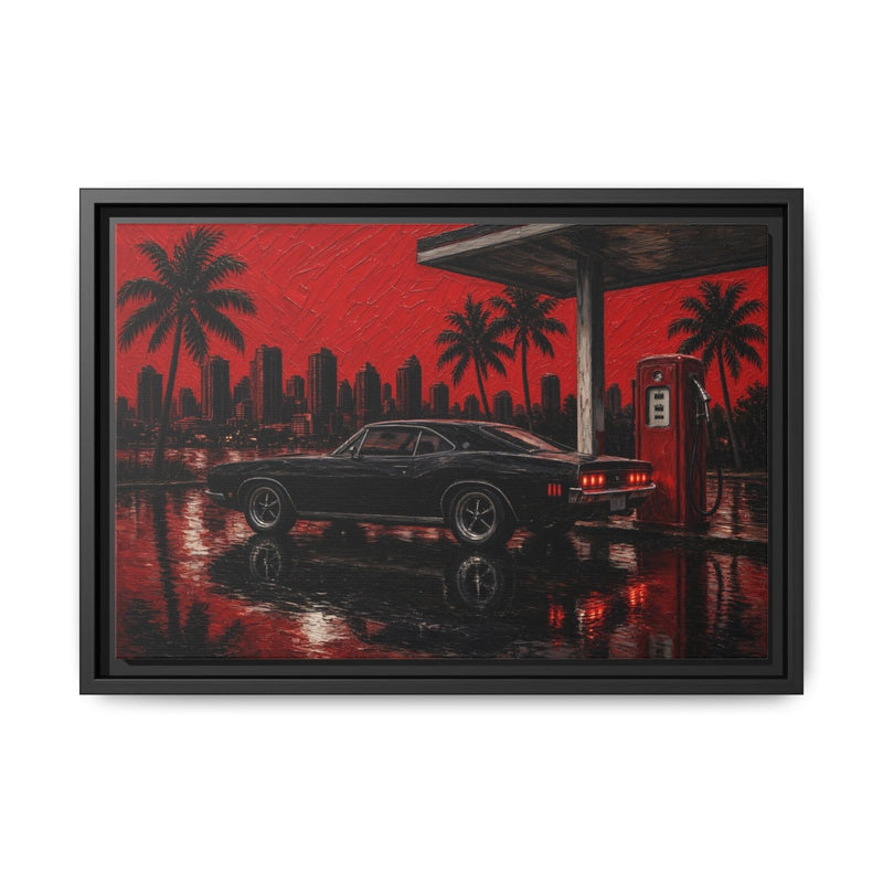 Framed canvas wall art of a black muscle car by a gas pump in a red night setting