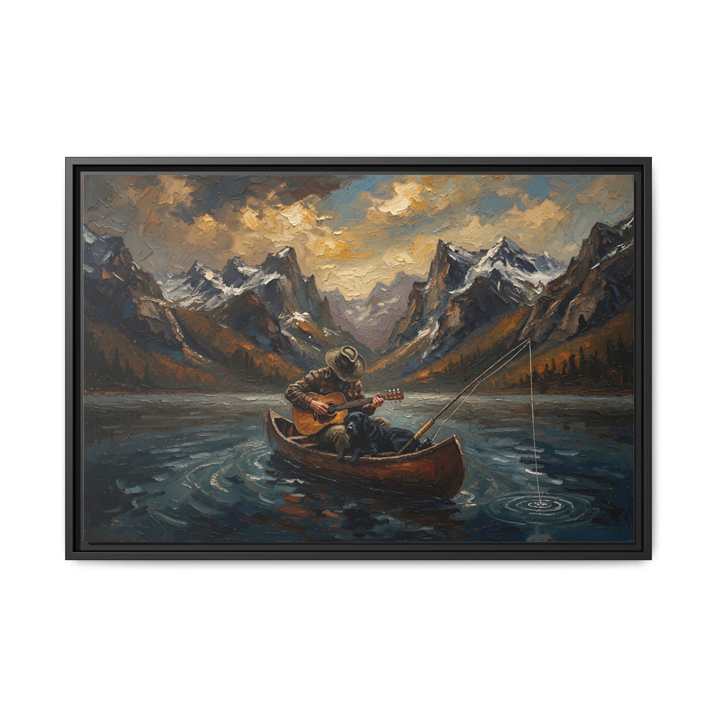Framed Canvas - Lakeside Serenade - Canoe Guitar & Fishing With Mans Best Friend
