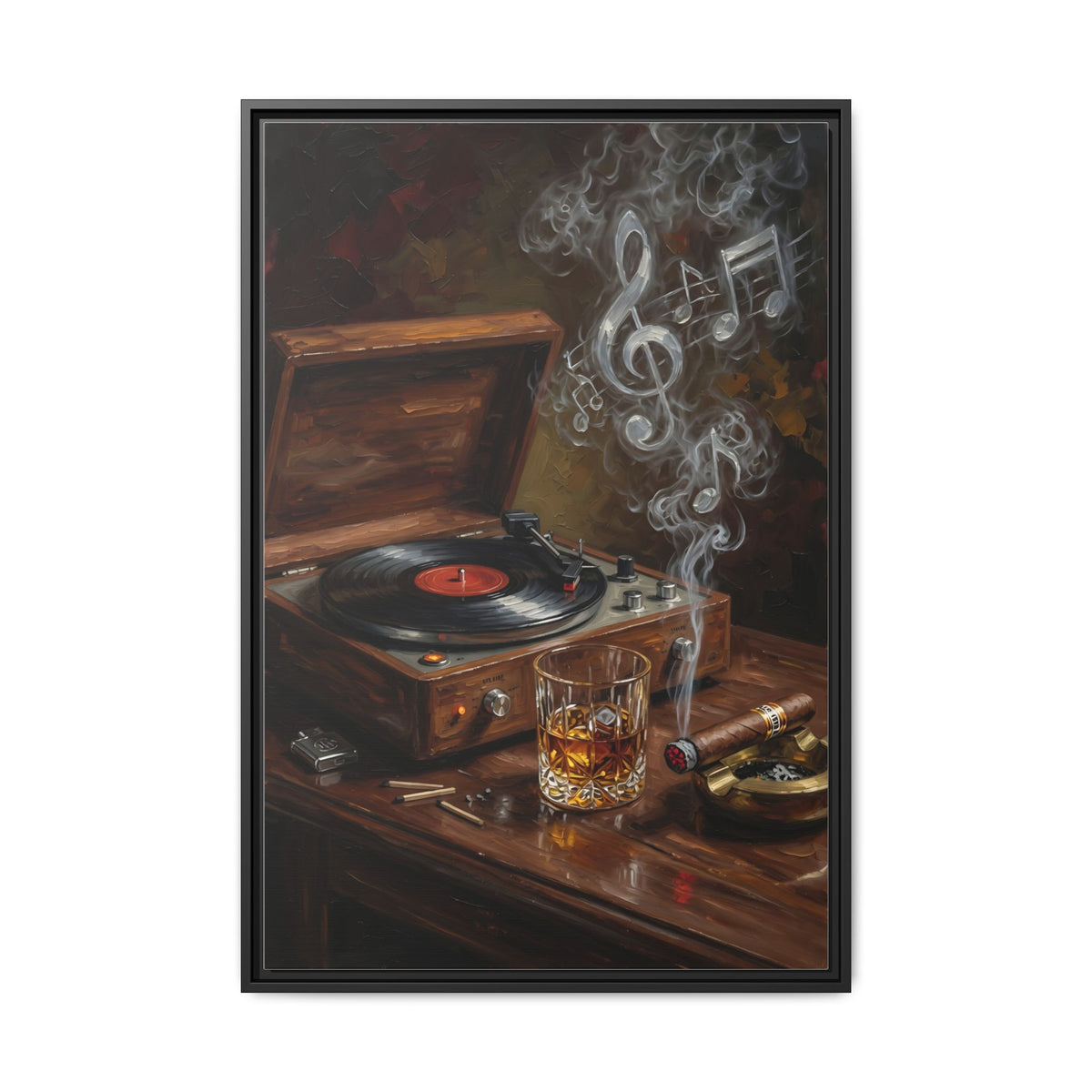 Vintage Record Player with Whiskey and Cigar / Music Note Smoke - Framed Canvas