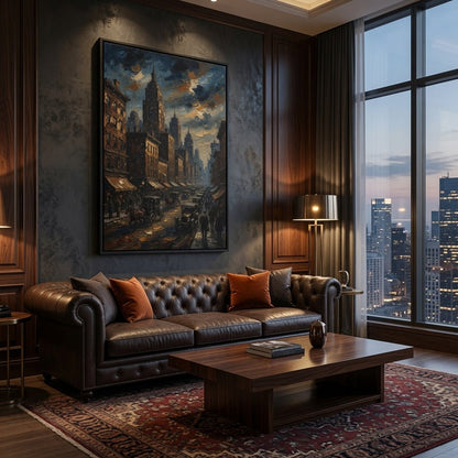 Moody 1930s Cityscape  | Framed Canvas
