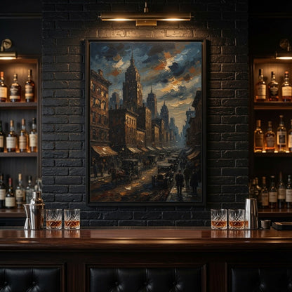 Moody 1930s Cityscape  | Framed Canvas