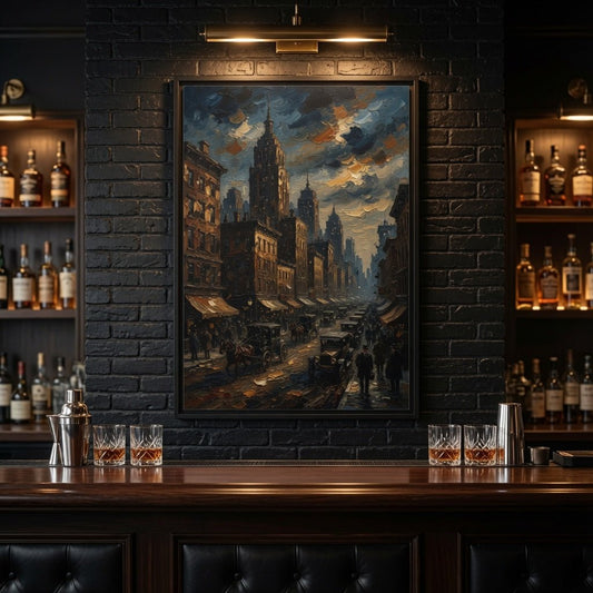 Black framed canvas cityscape painting centered above bar shelves with bottles and glasses