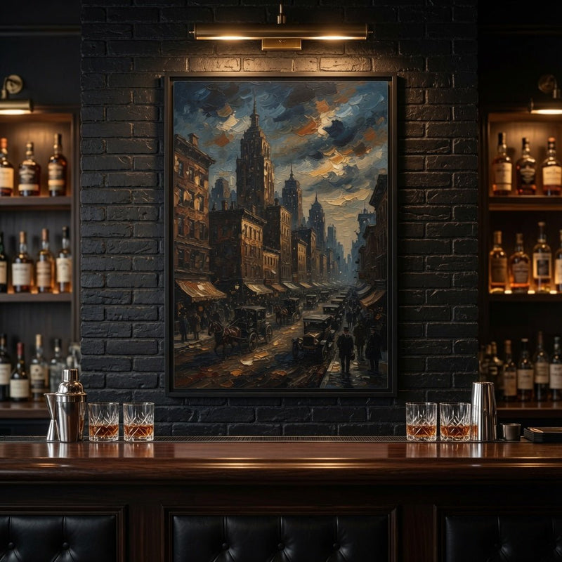 Moody 1930s Cityscape  | Framed Canvas