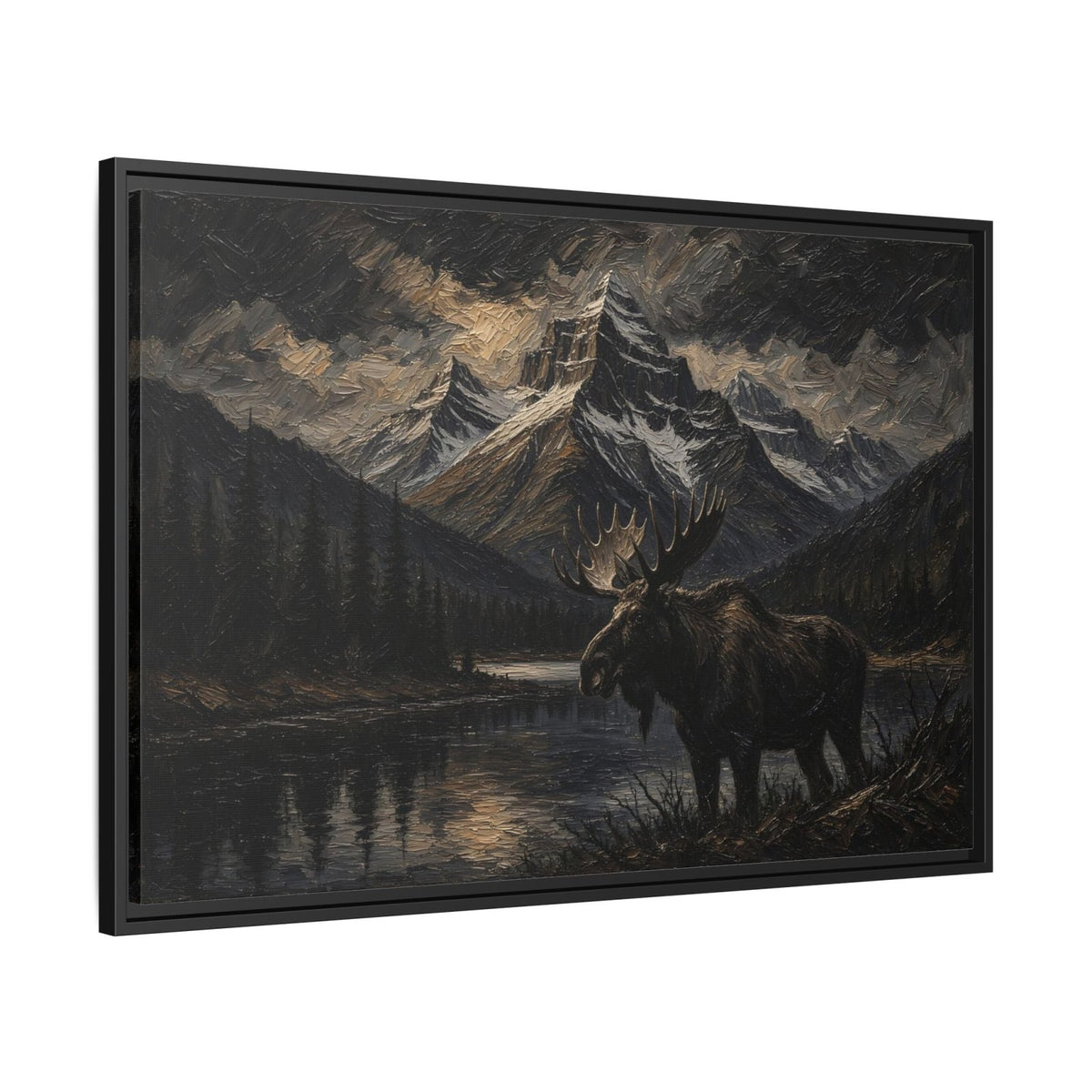 Framed moose artwork on canvas with mountains, forest, and still lake view