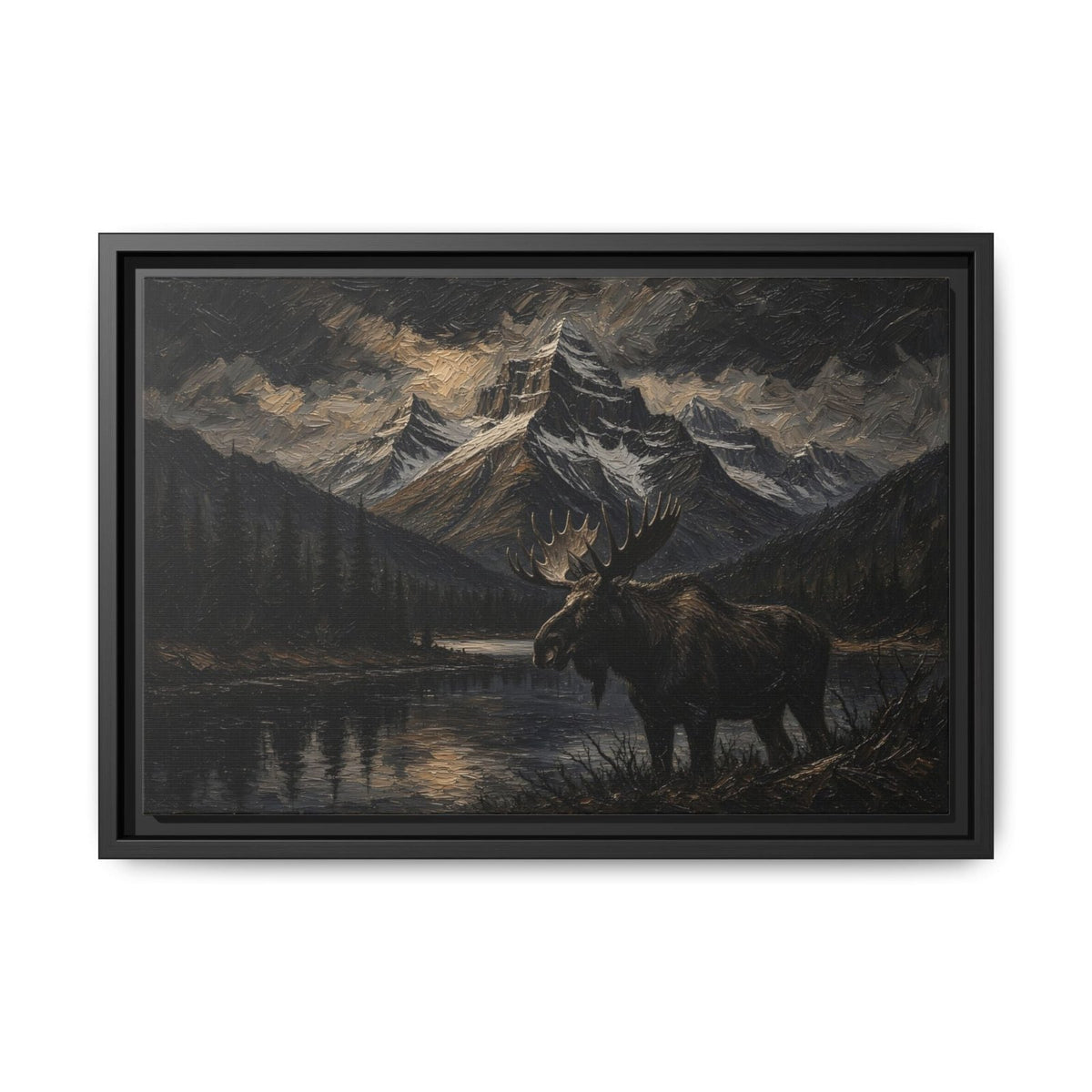 Framed moose in foreground with mountains and lake reflections canvas wall art