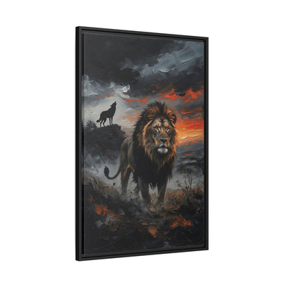 Lion and Wolf Matte Framed Canvas — Majestic Wildlife Sunset Wall Art