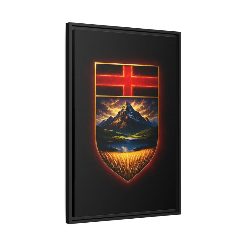 Framed canvas print, black frame; crest shield art with red cross over mountains and fields