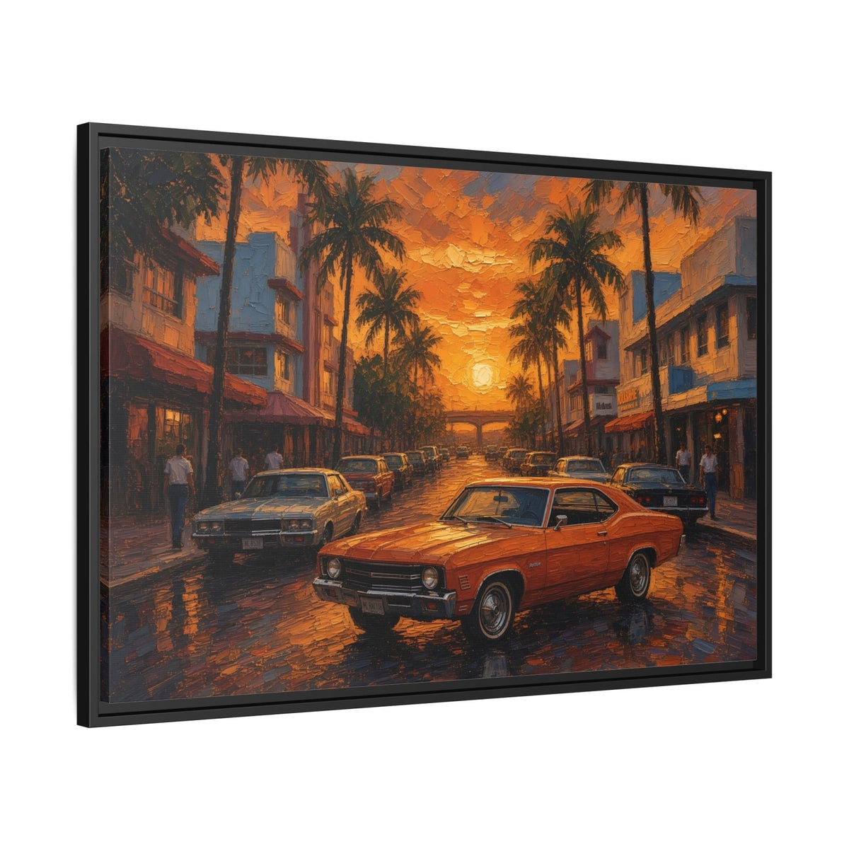 Framed canvas wall art at an angle, orange muscle car on a wet road with palm trees