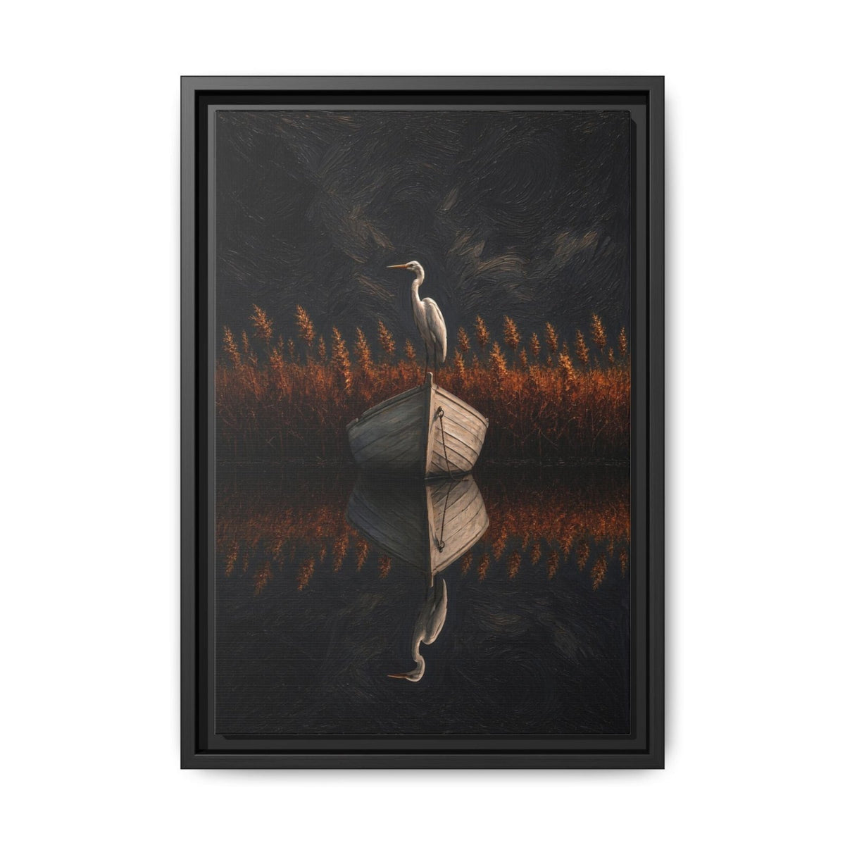 Framed heron canvas artwork with mirrored reflection, orange reed field, and dark background