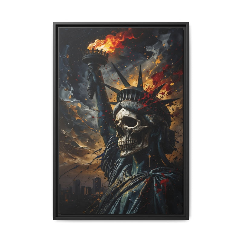 Framed canvas portrait of Liberty skull with crown, torch, and orange flame splashes.