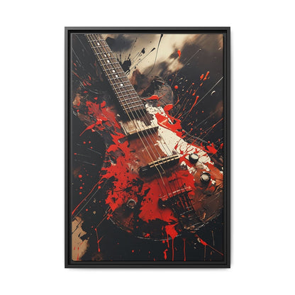 Black framed electric guitar wall art canvas with red splash and dark splatter accents.