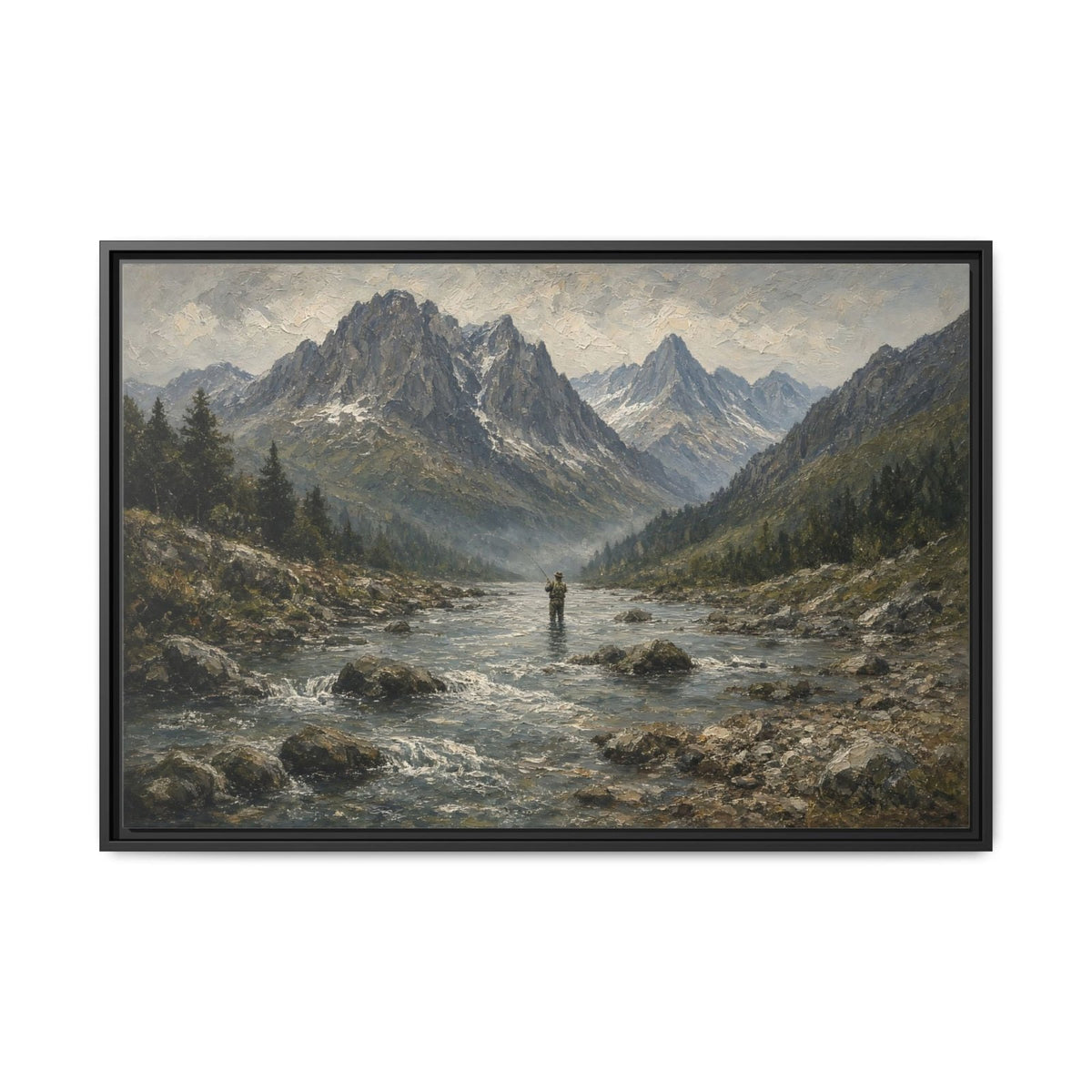 Black-framed fly fishing canvas wall art showing mountain river rapids and lone angler