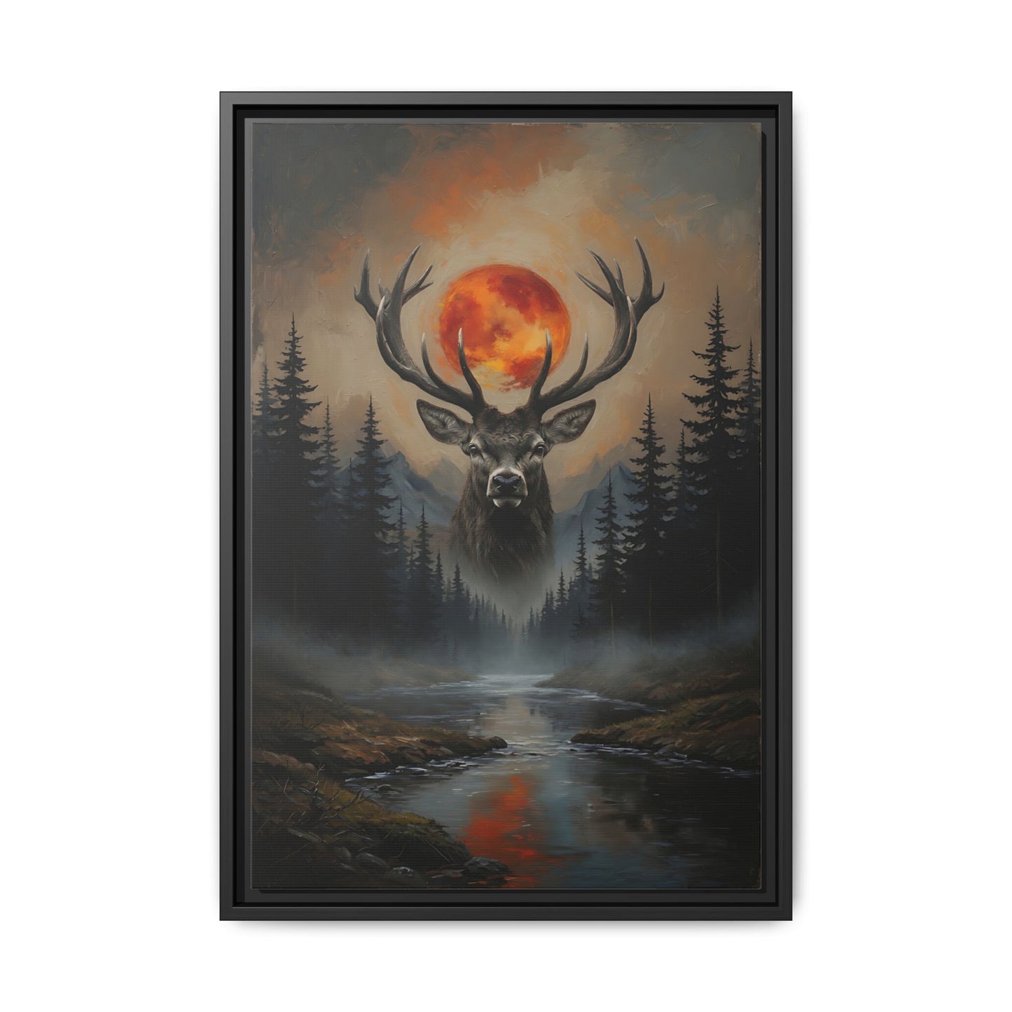 Stag Silhouette with Blood Moon -  Framed Matte Canvas Art