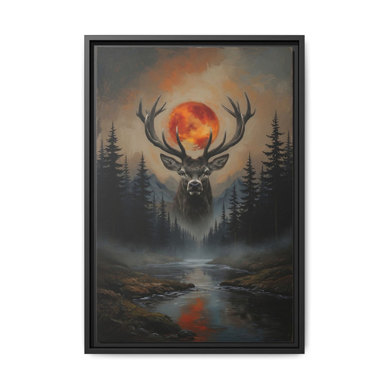 Black framed matte canvas art showing deer silhouette, orange-red moon, pine trees and river