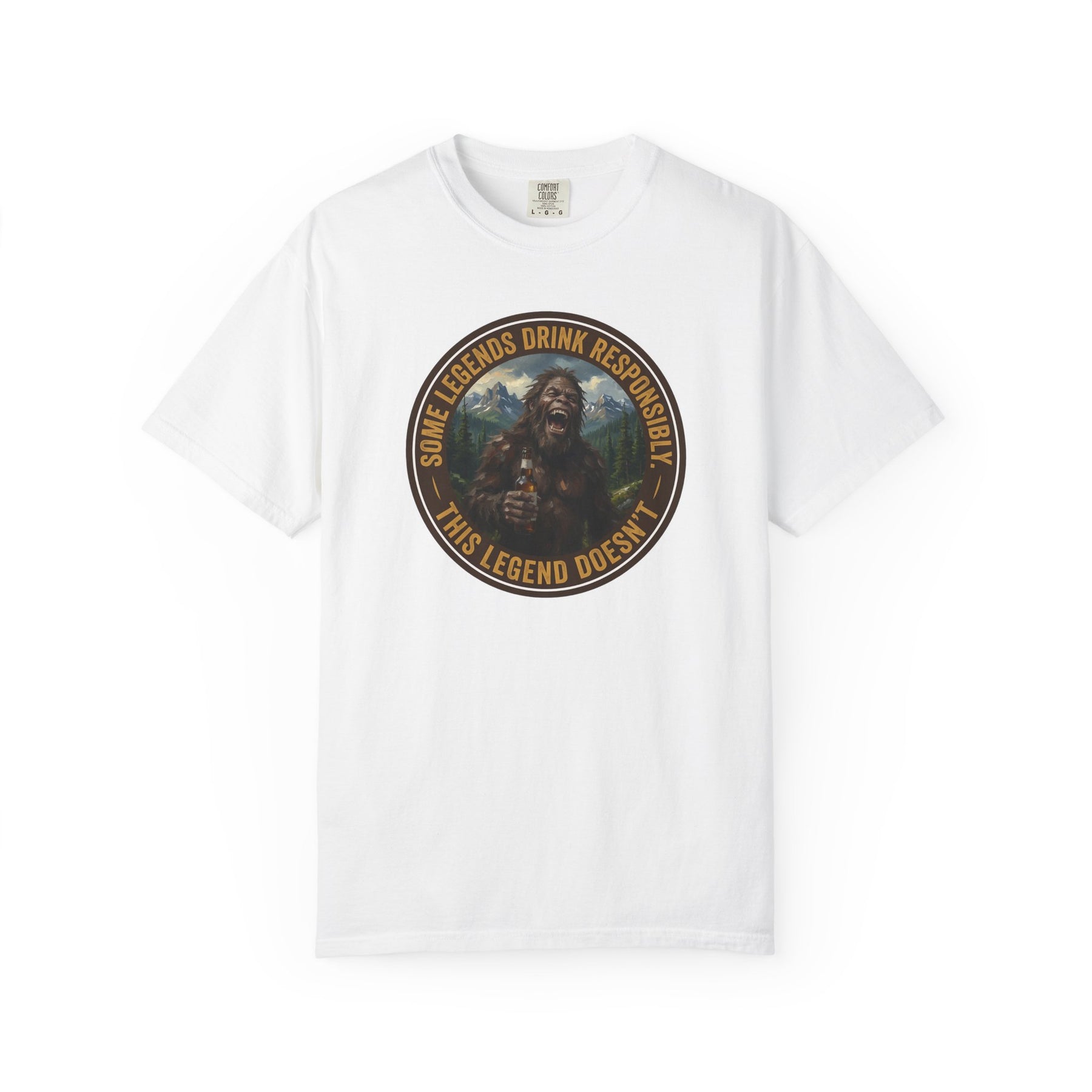 White graphic t-shirt with circular Sasquatch-themed logo on the front