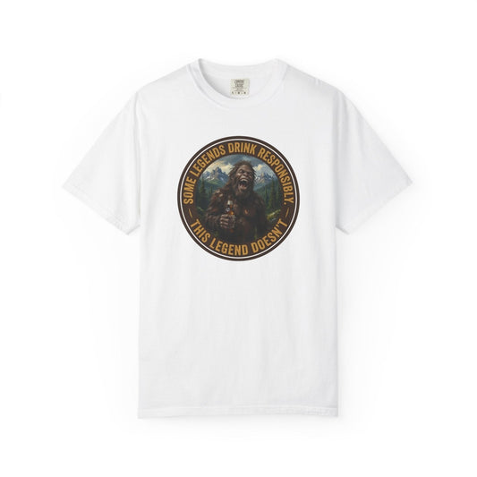 White graphic t-shirt with circular Sasquatch-themed logo on the front