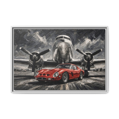 Framed Canvas Print — Vintage Red Racing Car & Propeller Plane Artwork