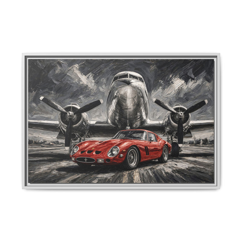 Framed Canvas Print — Vintage Red Racing Car & Propeller Plane Artwork