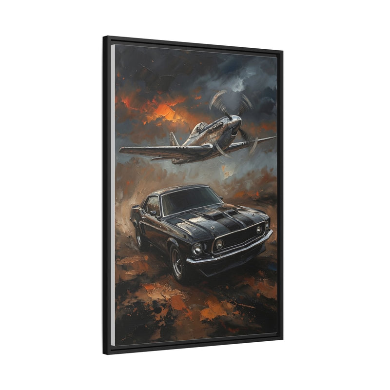 Vertical framed wall art canvas with vintage car and WWII-style fighter plane