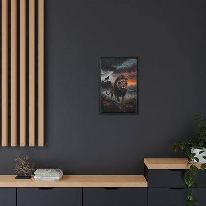 Lion and Wolf Matte Framed Canvas — Majestic Wildlife Sunset Wall Art