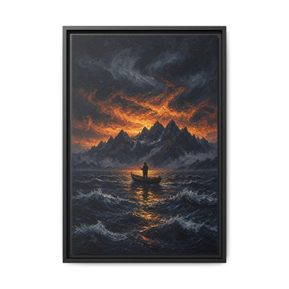 Framed canvas wall art with glowing orange clouds, mountain peaks and rough waves