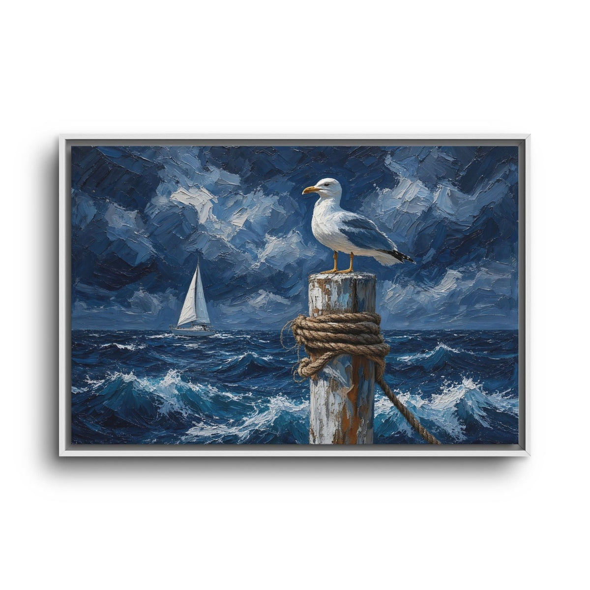 Framed seascape canvas featuring a gull on a mooring post and a sailboat, white frame