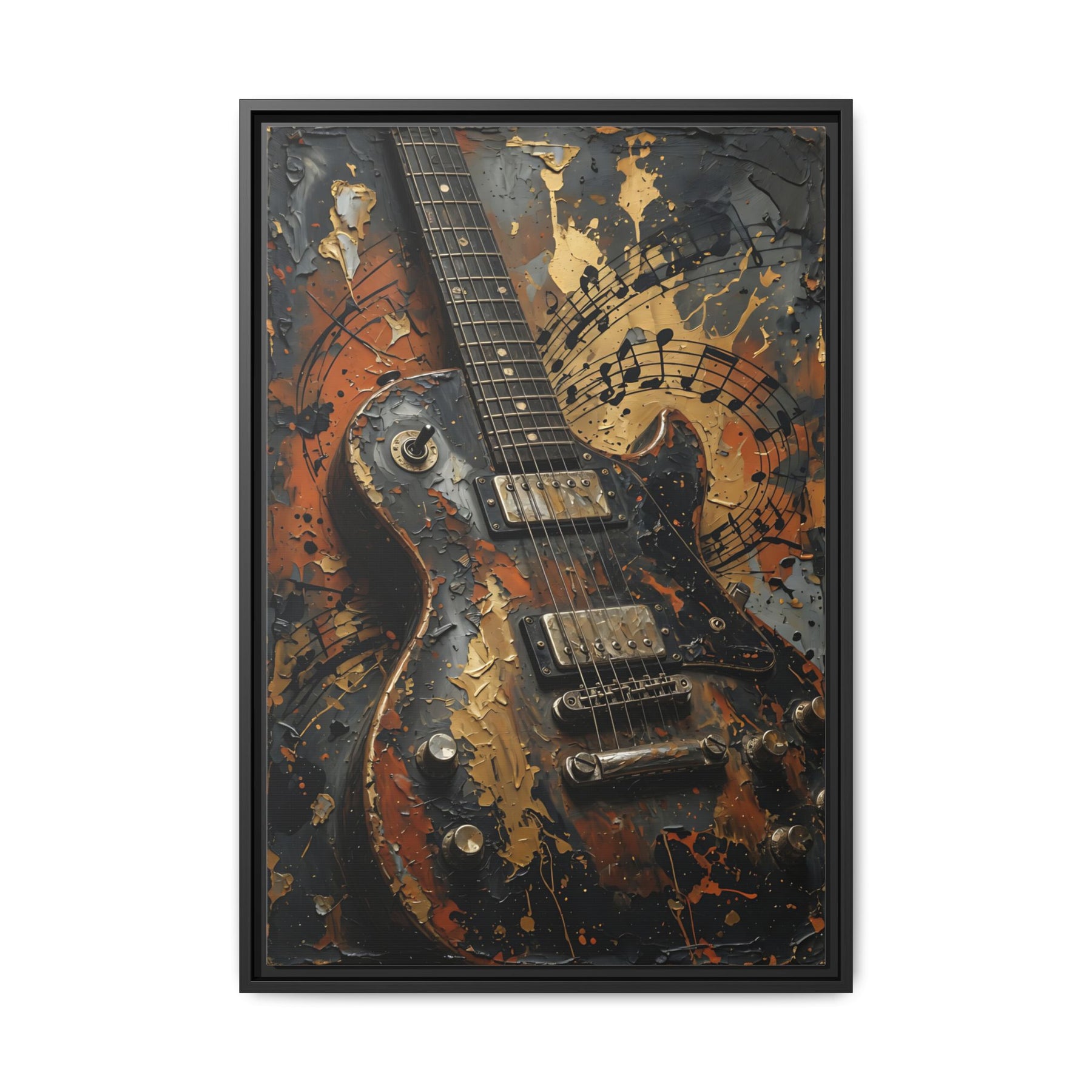 Framed Guitar Canvas Art — Vintage Electric Guitar with Musical Notes