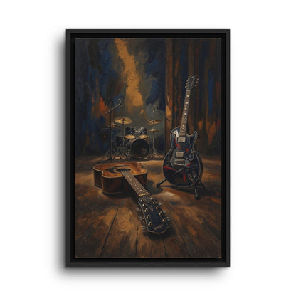 Framed wall canvas featuring guitars and drum set in a moody stage setting